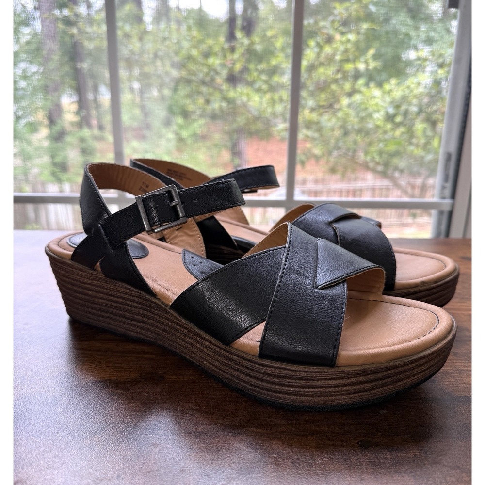 B.O.C Born Sandals Womens 11 Black Faux Leather Wedge Comfort Shoes Buckle EUC